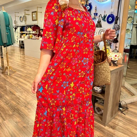 Cicek maxi red cotton dress, %100 cotton, cotton lined,